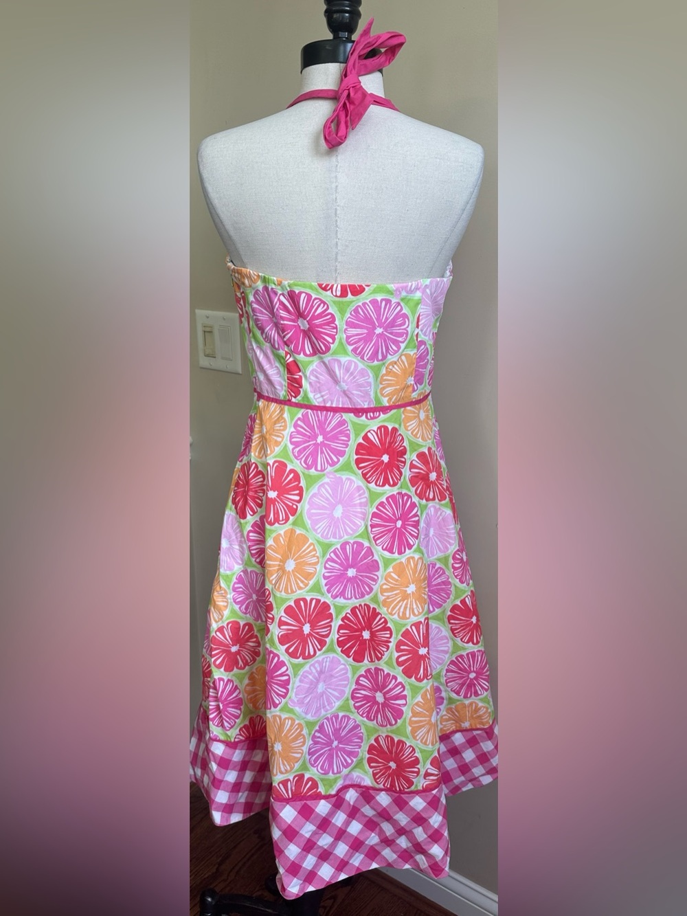 Lilly Pulitzer White Label Citrus Slice Pattern Gingham Halter Dress, Size 8 - Picture 2 of 3